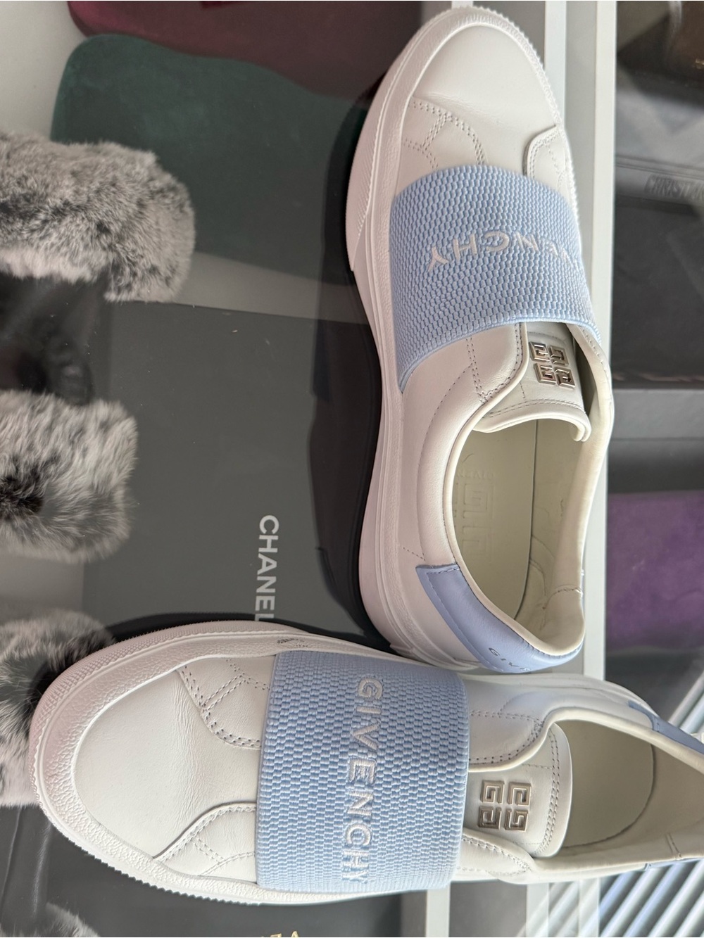 Givenchy White Leather Slip-Ons with Pale Blue Logo Band - Picture 2 of 5